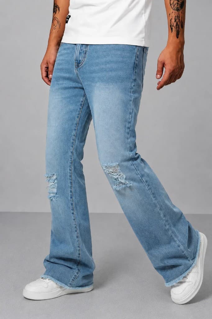 Blue Raw Cut Slim Bootcut Jeans